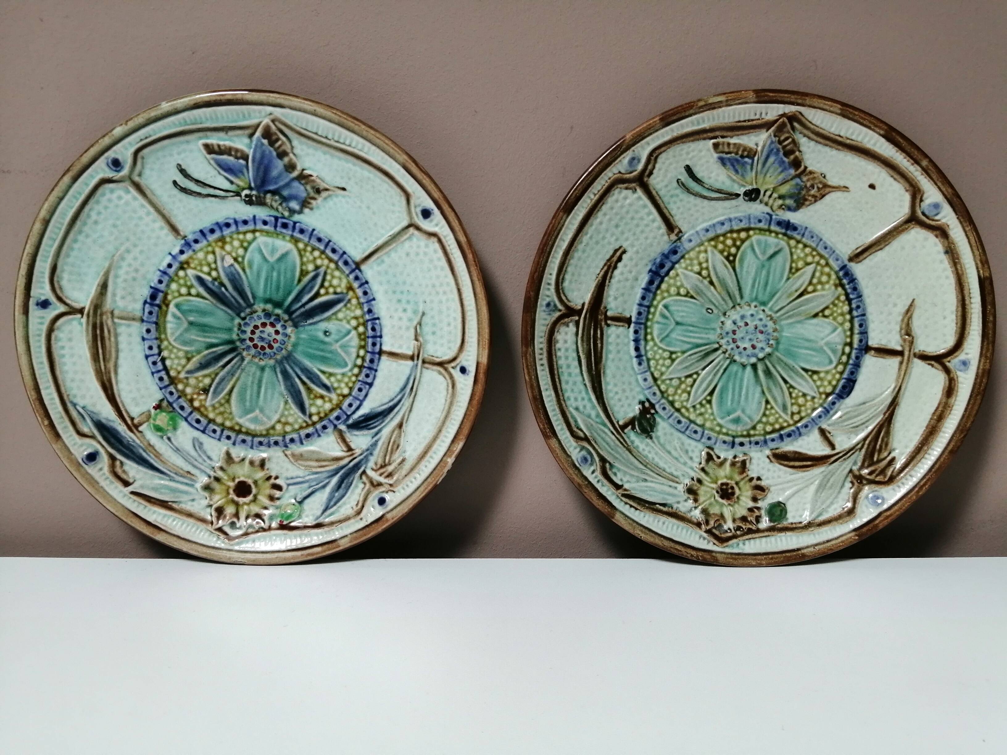 2 Belgian Barbotine Plates circa 1900 by WASMUEL