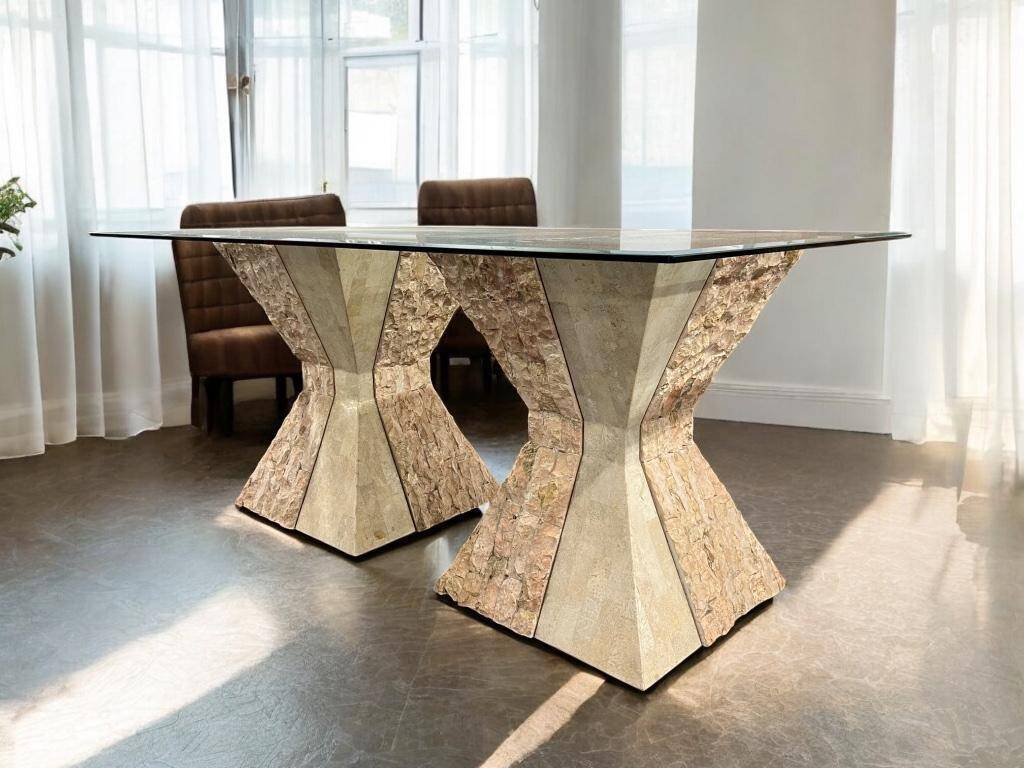 vintage stone dining table with glass top
