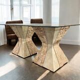 vintage stone dining table with glass top