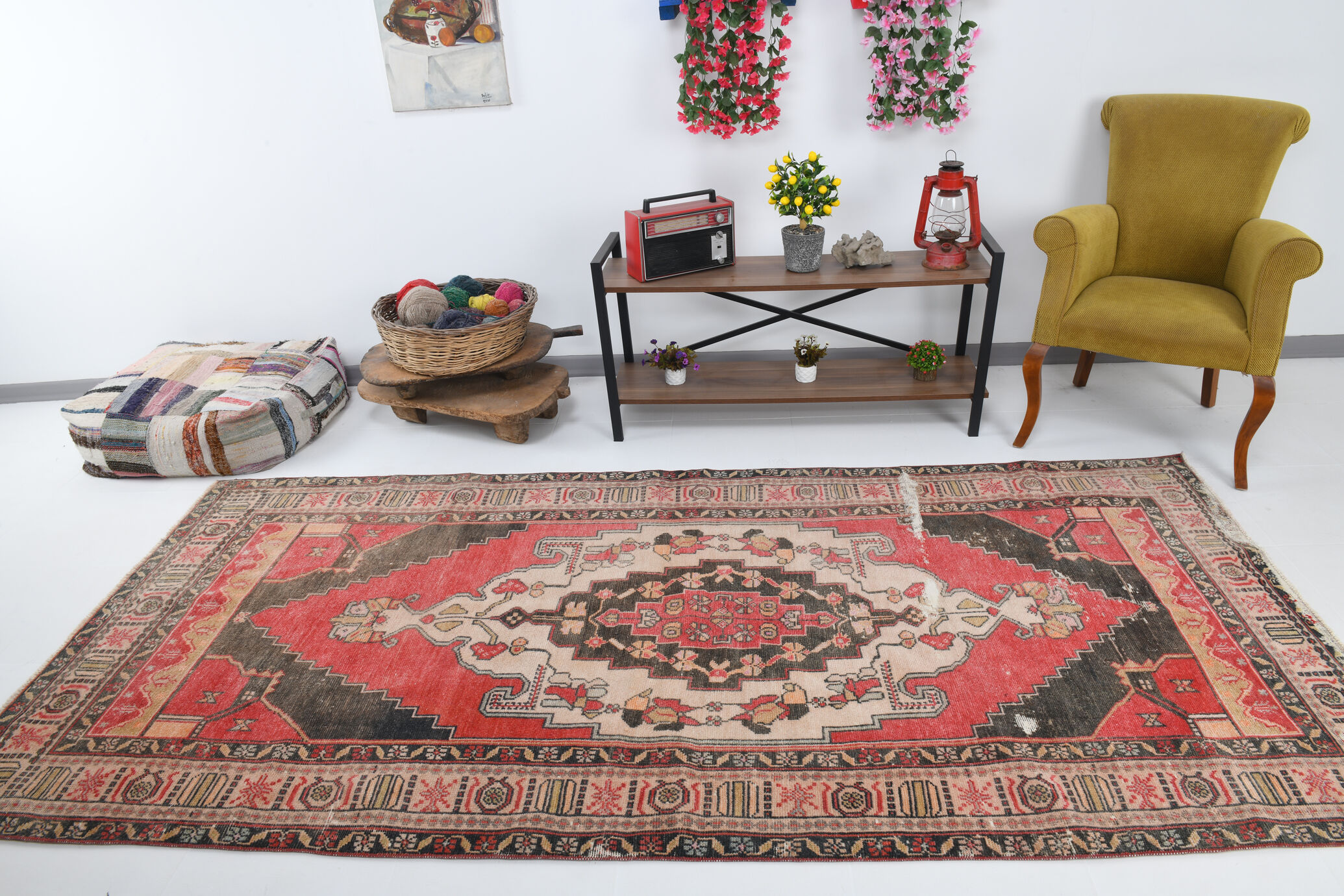4x10 red & beige wool vintage rug 140x301cm