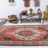 4x10 red & beige wool vintage rug 140x301cm