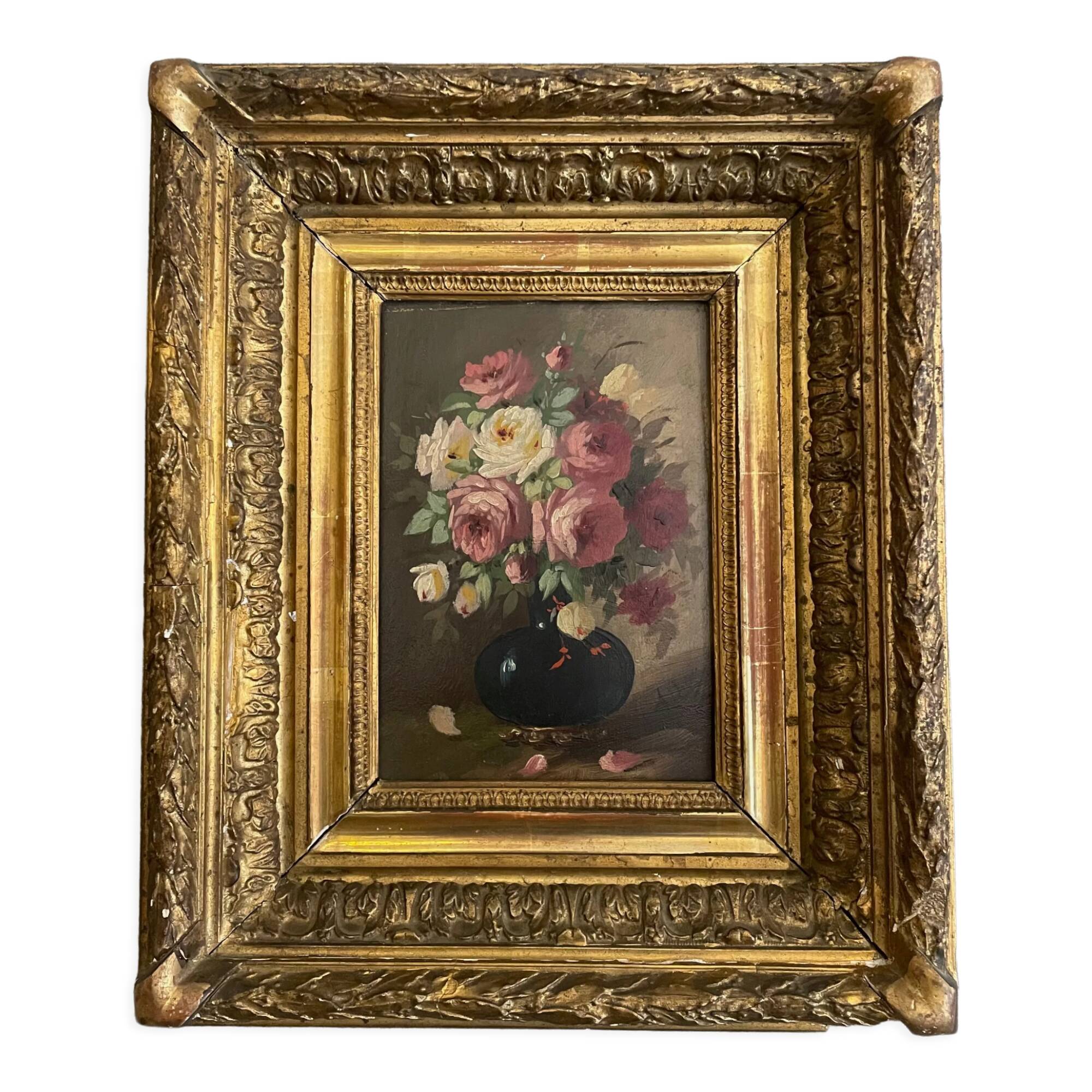 Golden framed flower bouquet painting