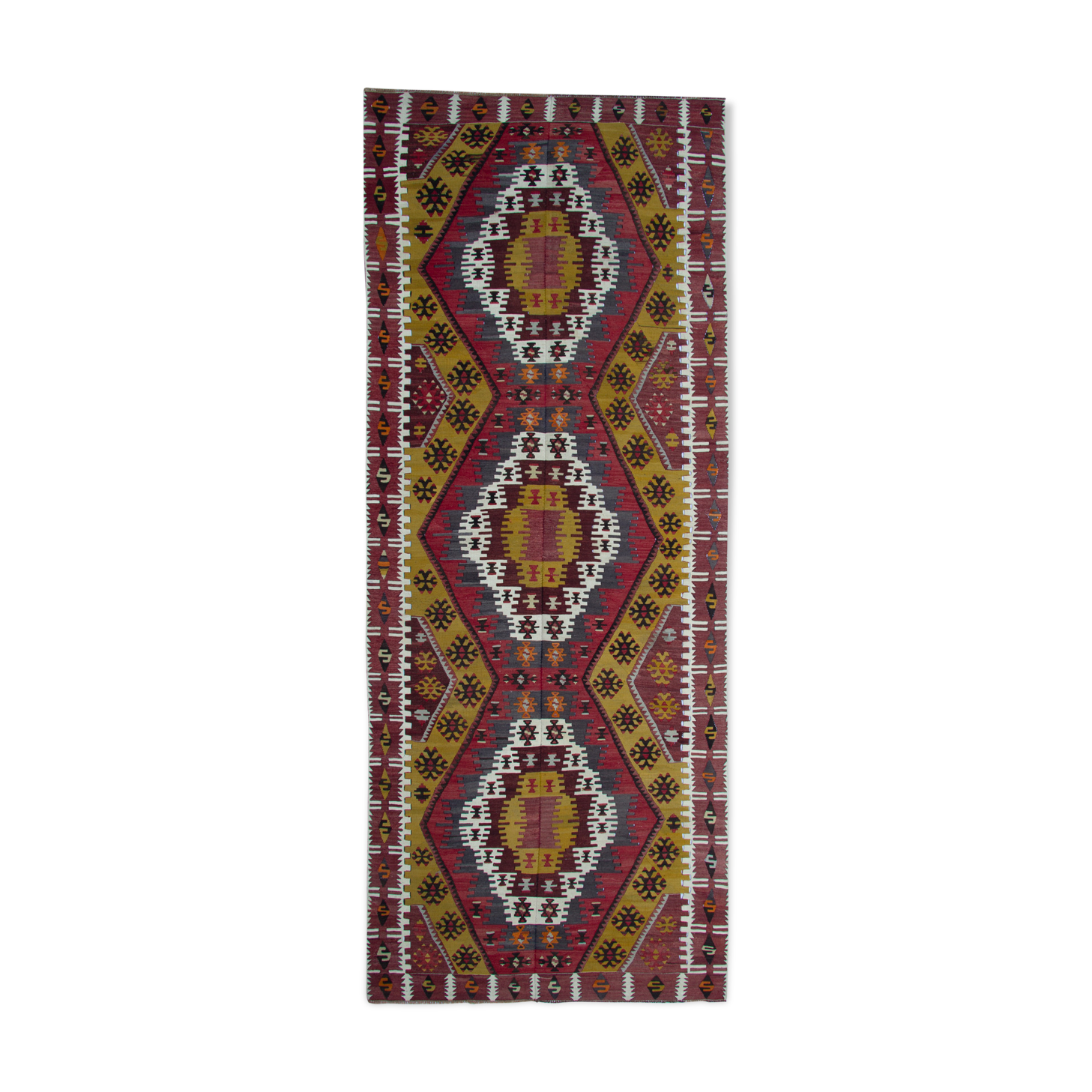 Antique Turkish Runner Rug, Handwoven Traditional Wool Kilim Rug- 140x390cm