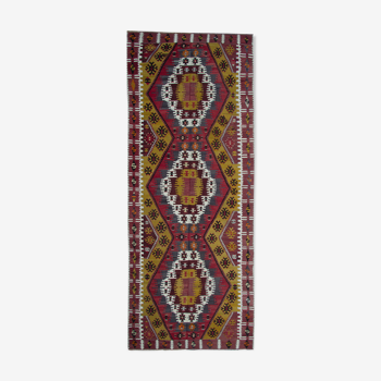 Antique Turkish Runner Rug, Handwoven Traditional Wool Kilim Rug- 140x390cm