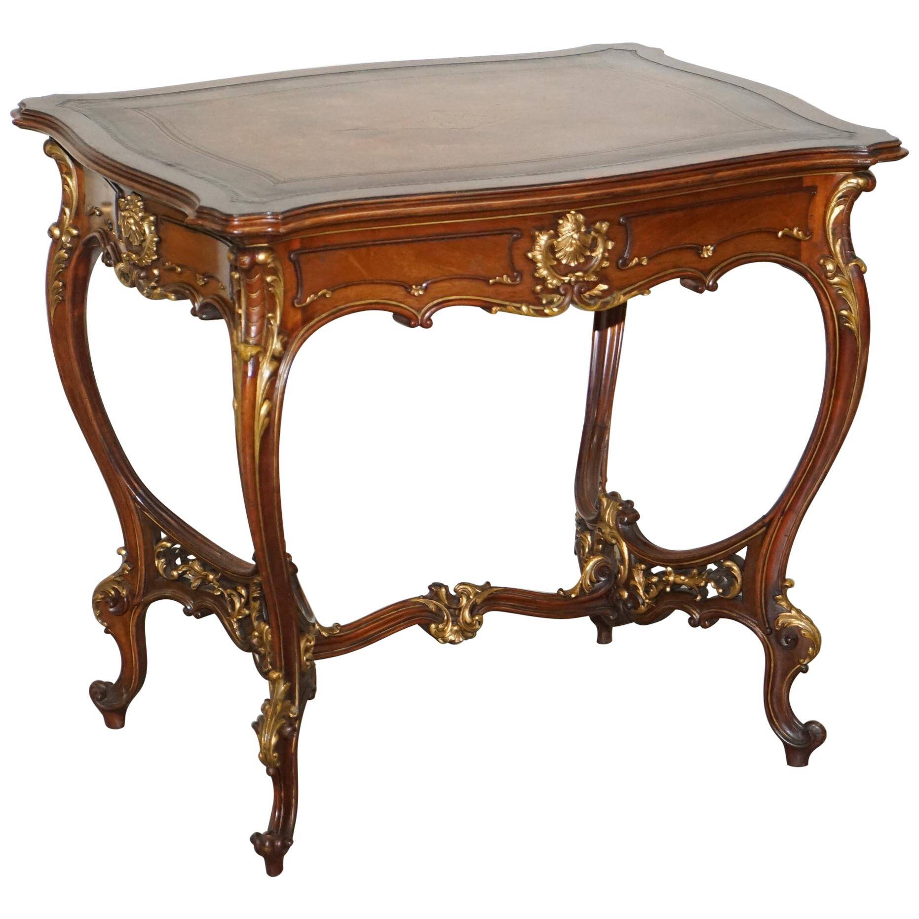 Pine desk with leather and gilding, late Victorian period around 1900.