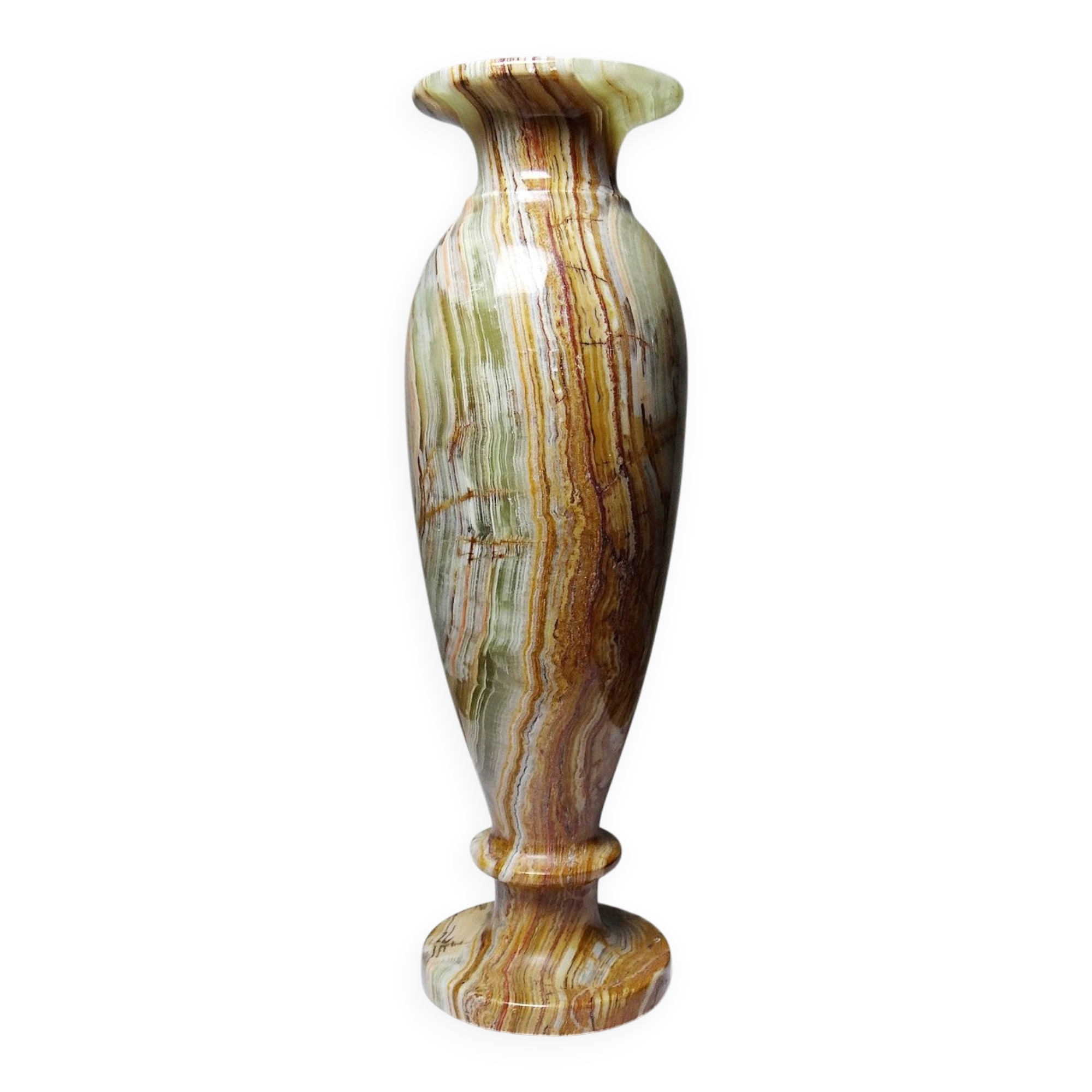 Vintage baluster vase in green striped onyx, Italy, mid-century.