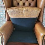 Antieke cuir Chesterfield wingback ourfauteuil Chippendale style cognac
