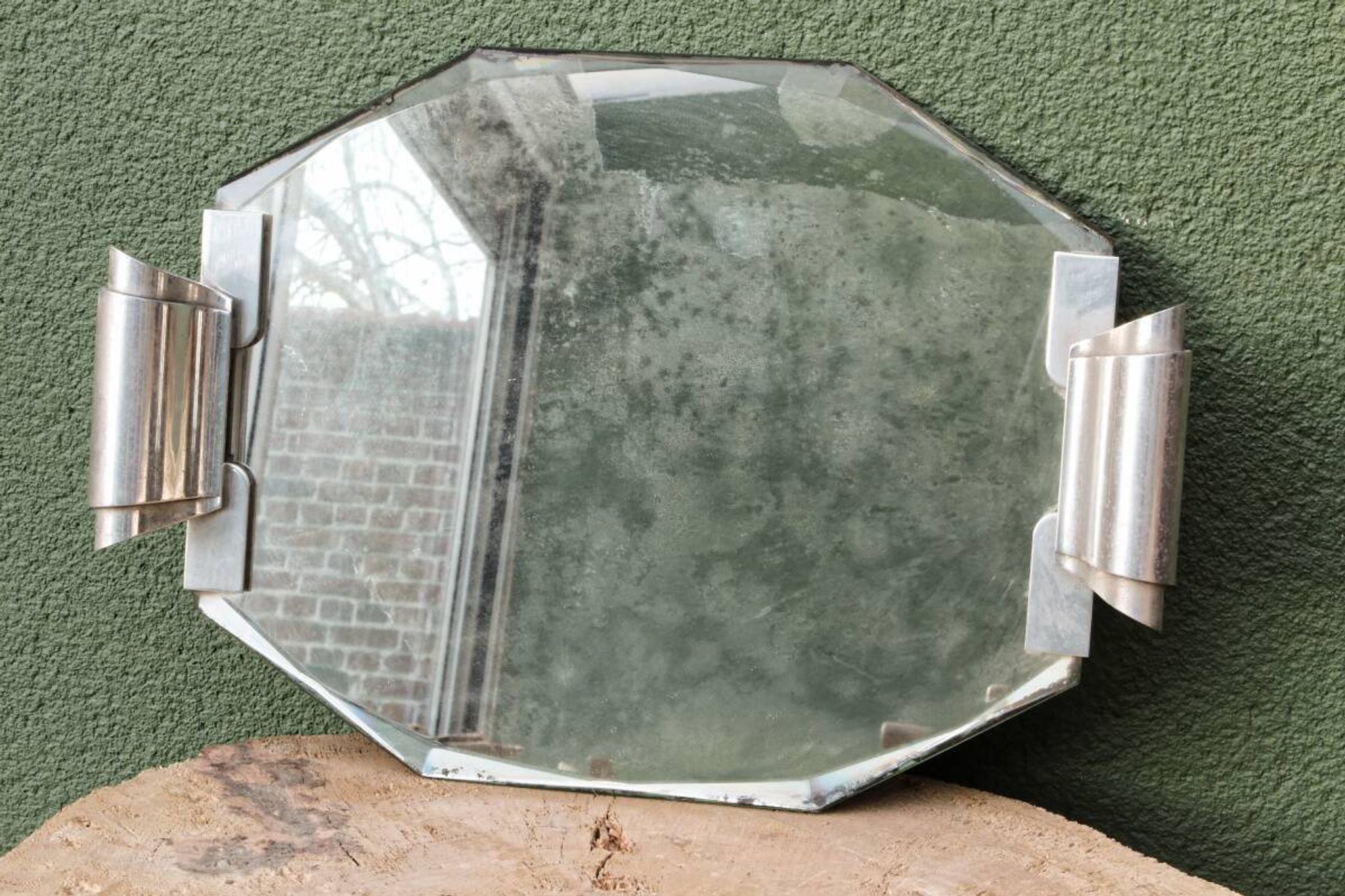 Plateau art déco en miroir biseauté, poignées chromées