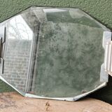 Plateau art déco en miroir biseauté, poignées chromées