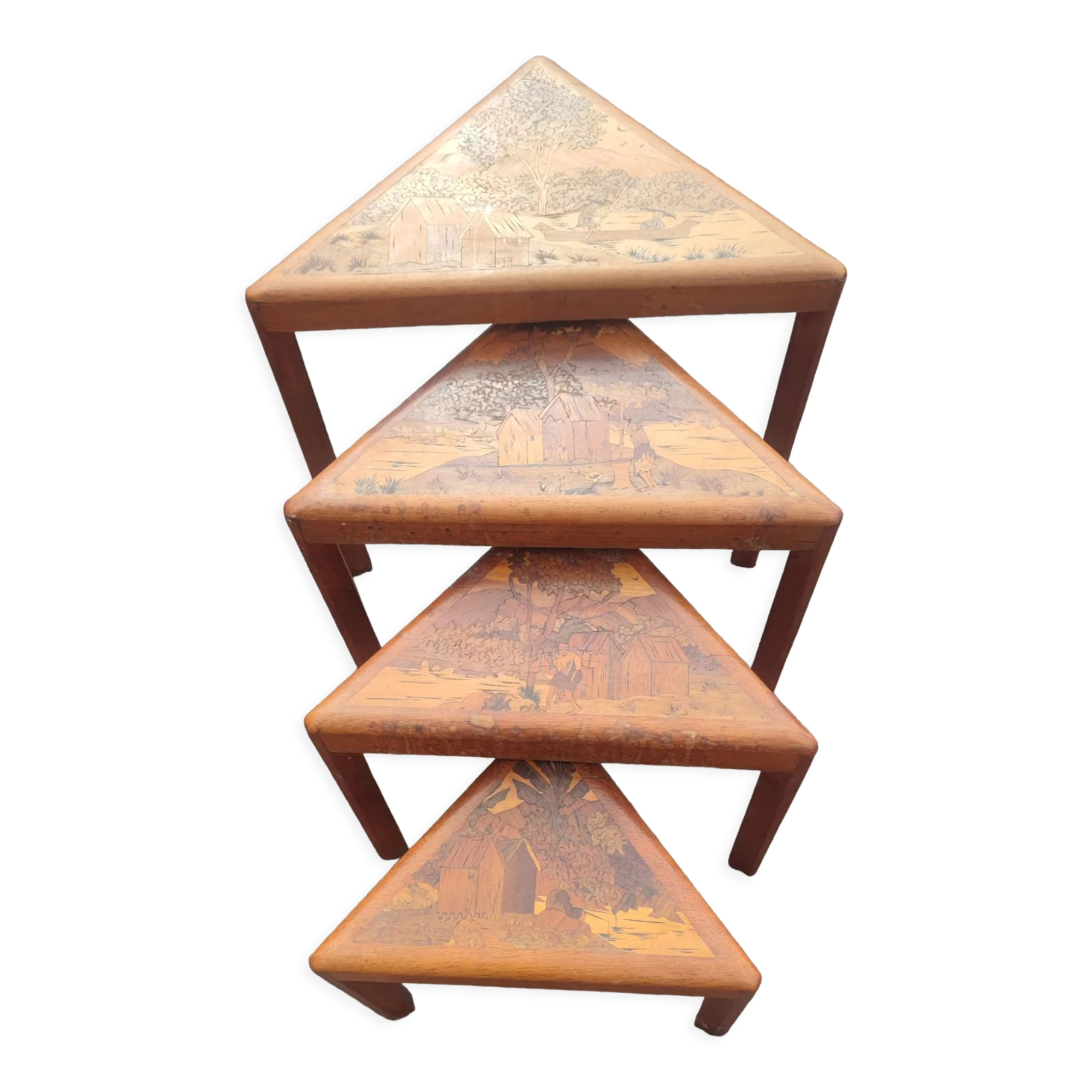 4 nesting tables in solid rosewood and Asian marquetry