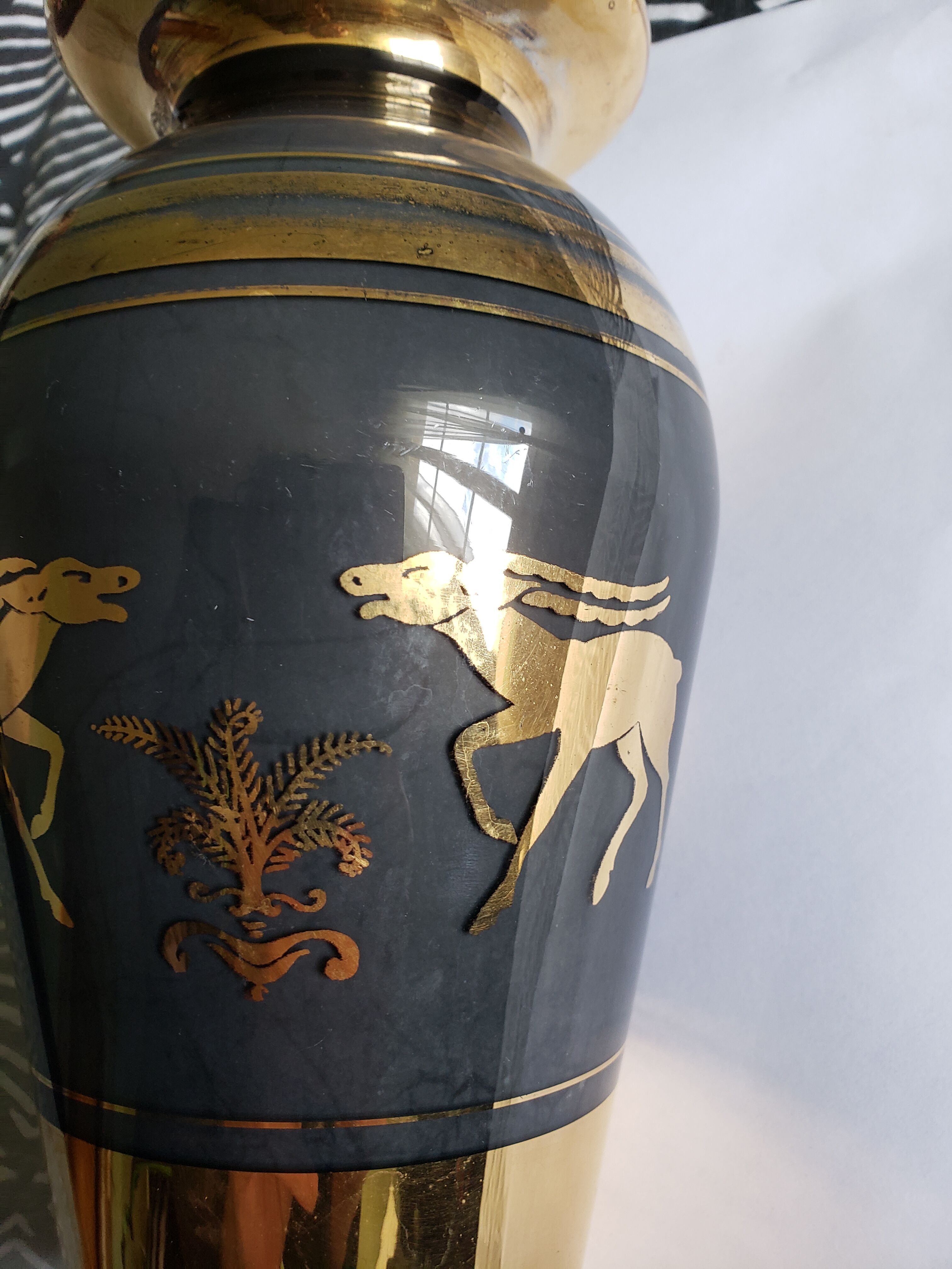 VASE,art deco,gazelle, antelope, scalloped glass,black and gold