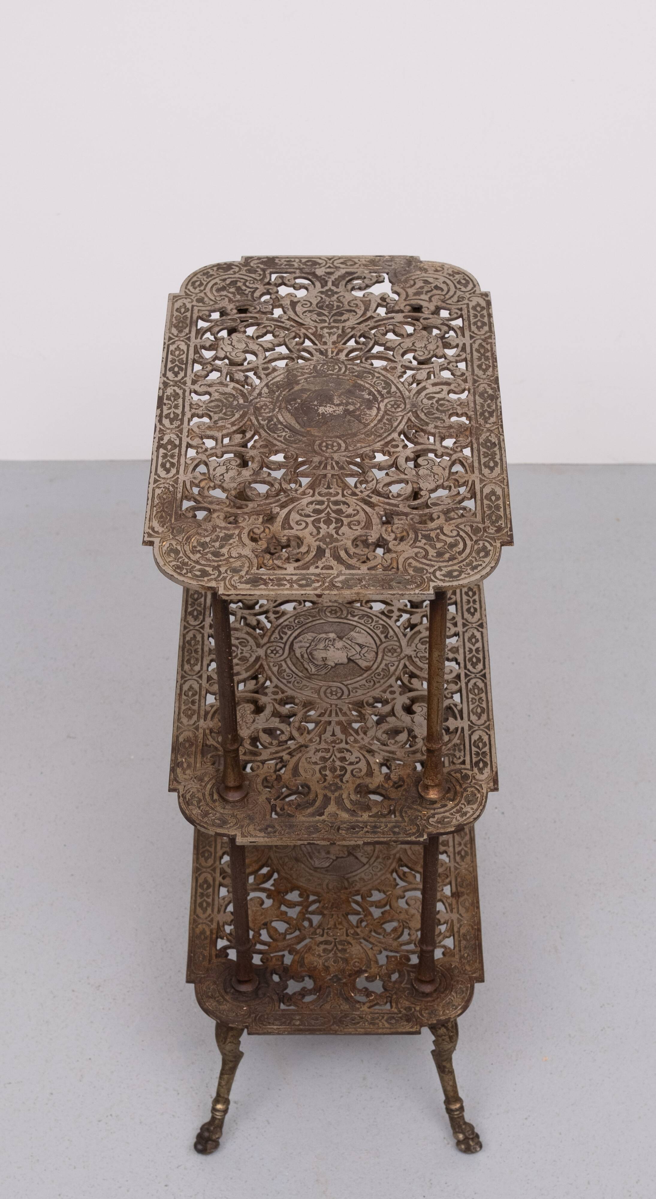 Antique Ornate Cast Iron French Brass 3 tier side table.