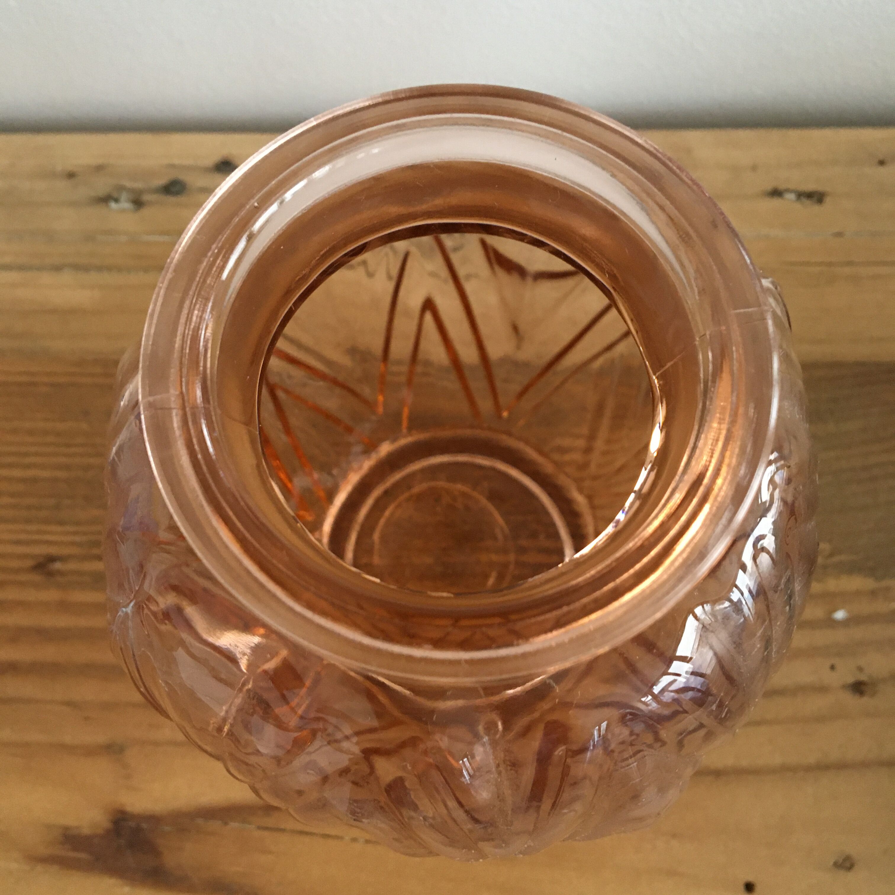 Pressed glass vase molded pink Art Deco