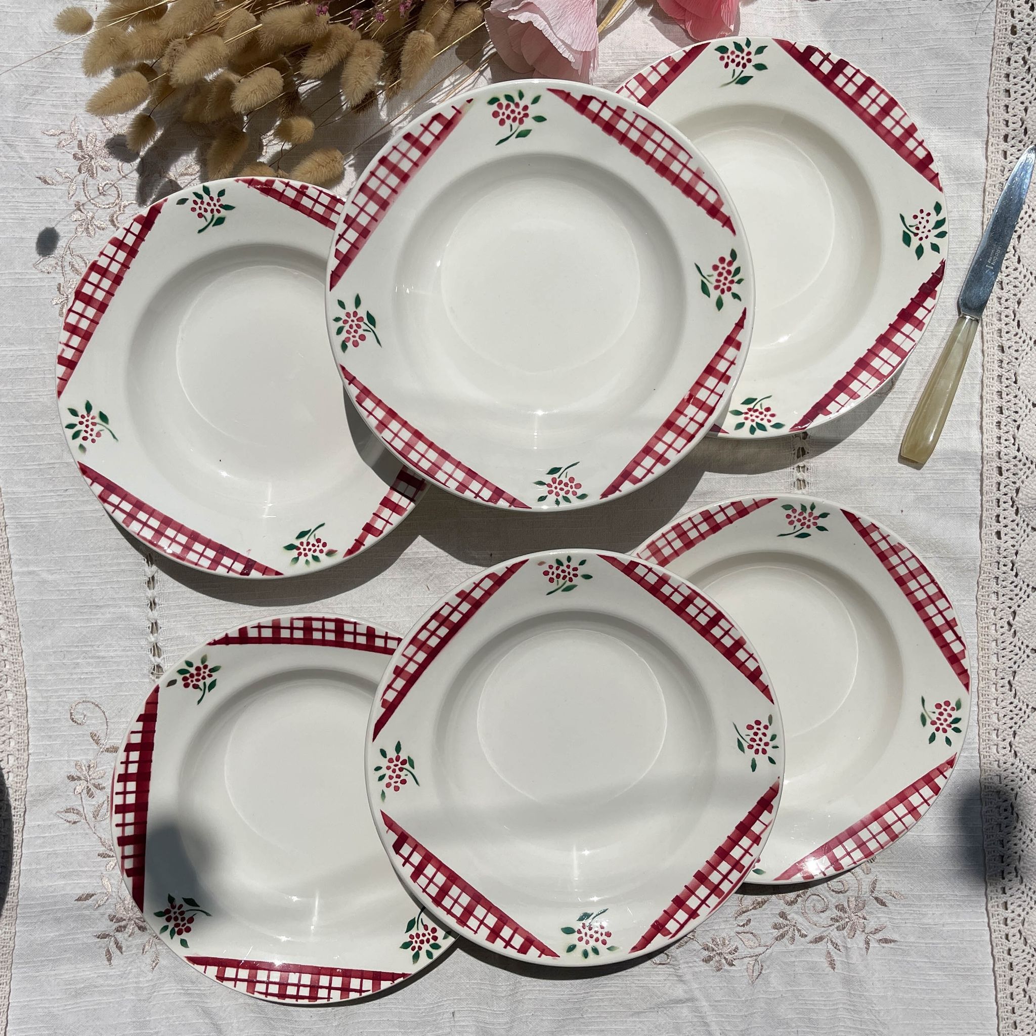 6 Digoin Sarreguemines Niger model soup plates with floral pattern and red/white checks