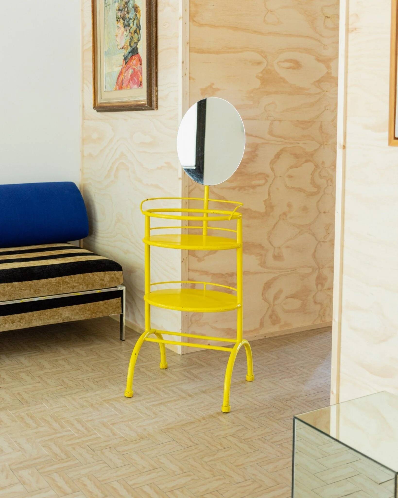 Yellow metal side table with swiveling oval mirror and two tray shelves, vintage 1960s Italy