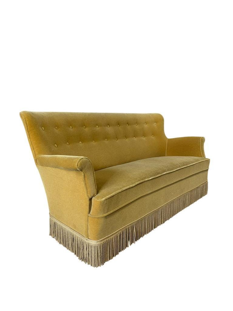 Vintage ochre yellow sofa / three-seater with fringes