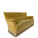 Vintage ochre yellow sofa / three-seater with fringes