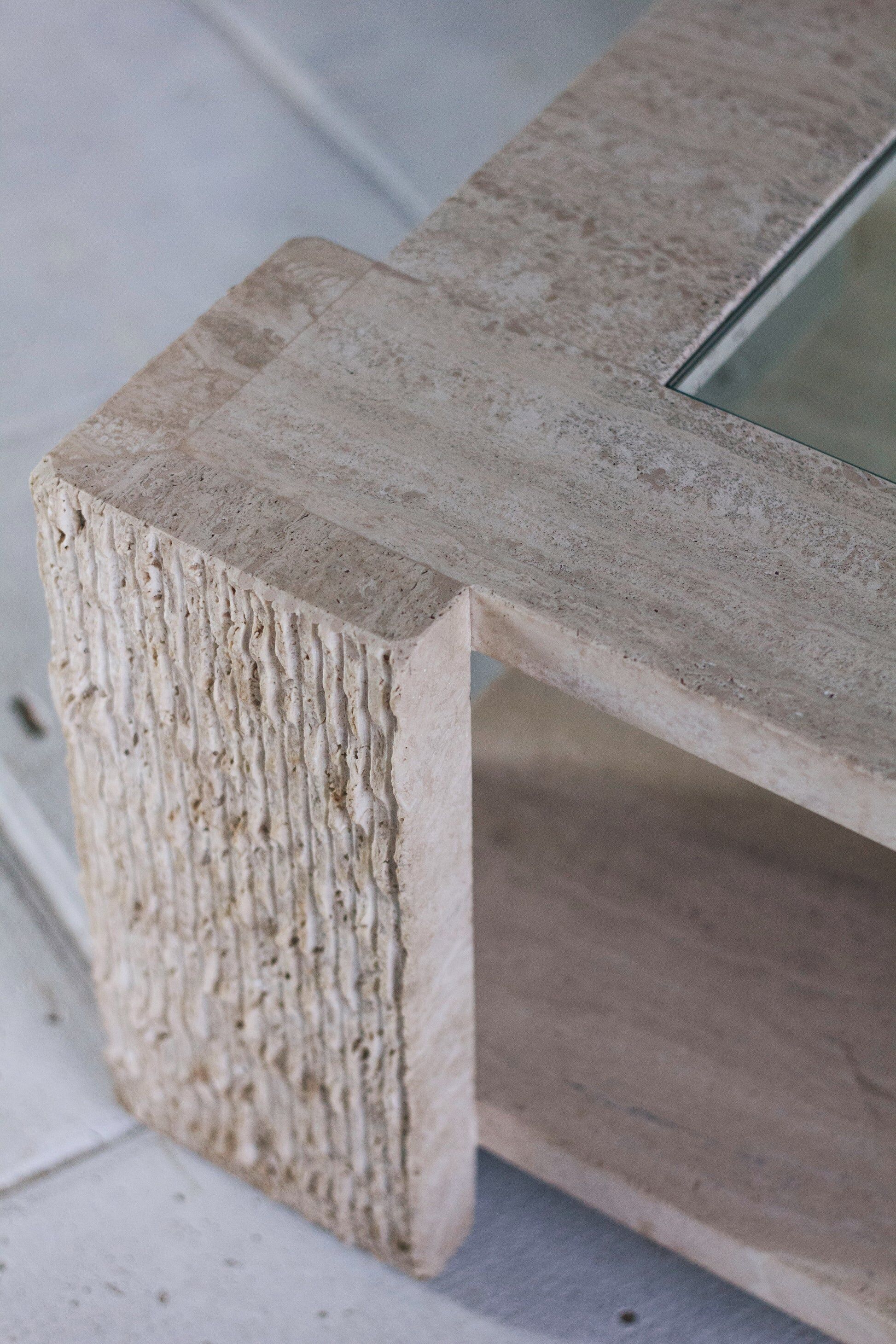 Coffee table in travertine and glass by Claude Berraldacci