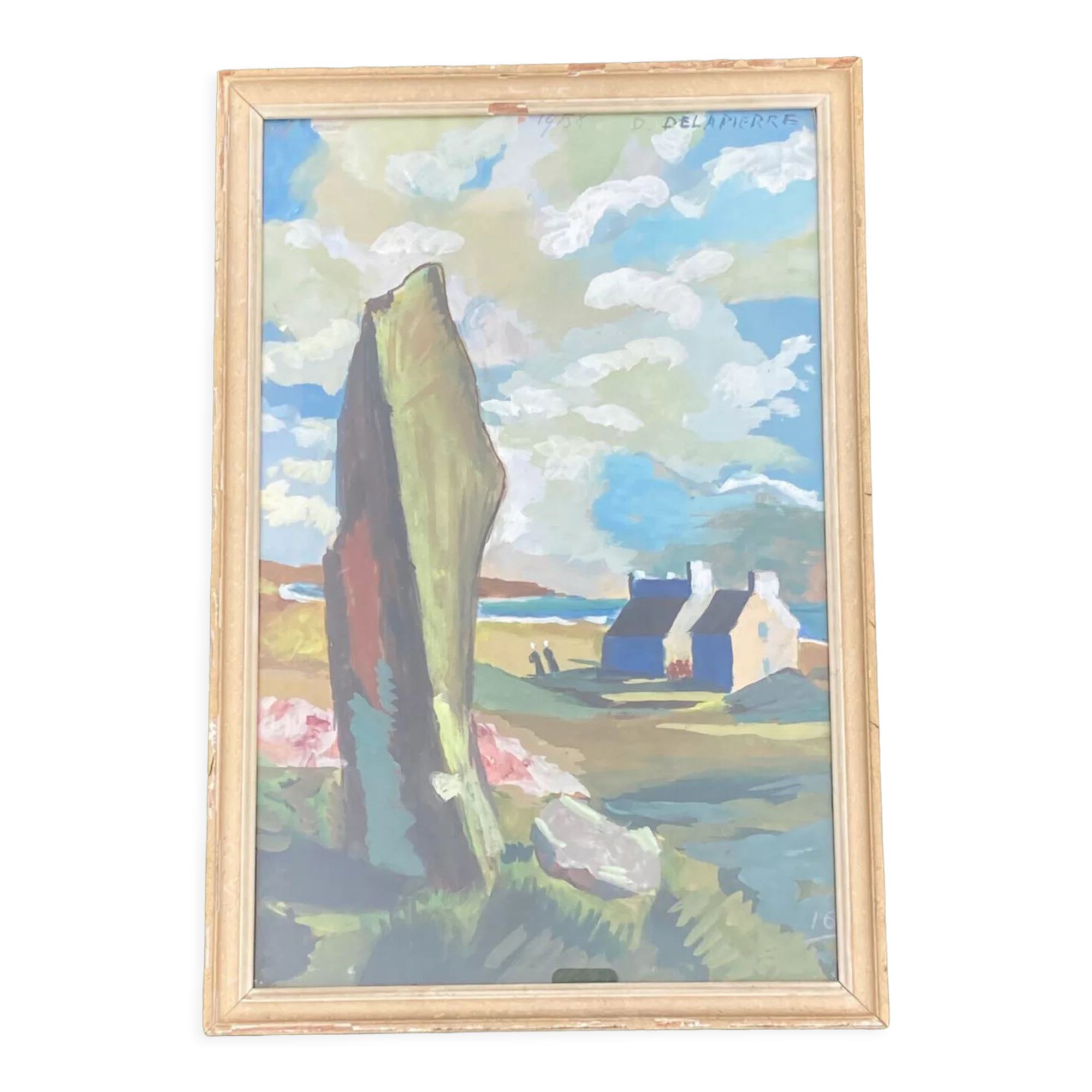 Tableau scène animée entre menhir et la mer en bretagne