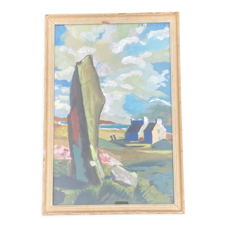 Tableau scène animée entre menhir et la mer en bretagne