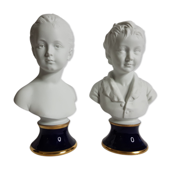 Porcelain biscuit busts by Camille Tharaud, children Louise and Alexandre Brongniart after Houdon