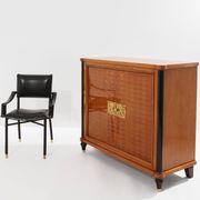 Jules Leleu cherry wood cabinet with marquetry, 2 doors, bronze, 1940.