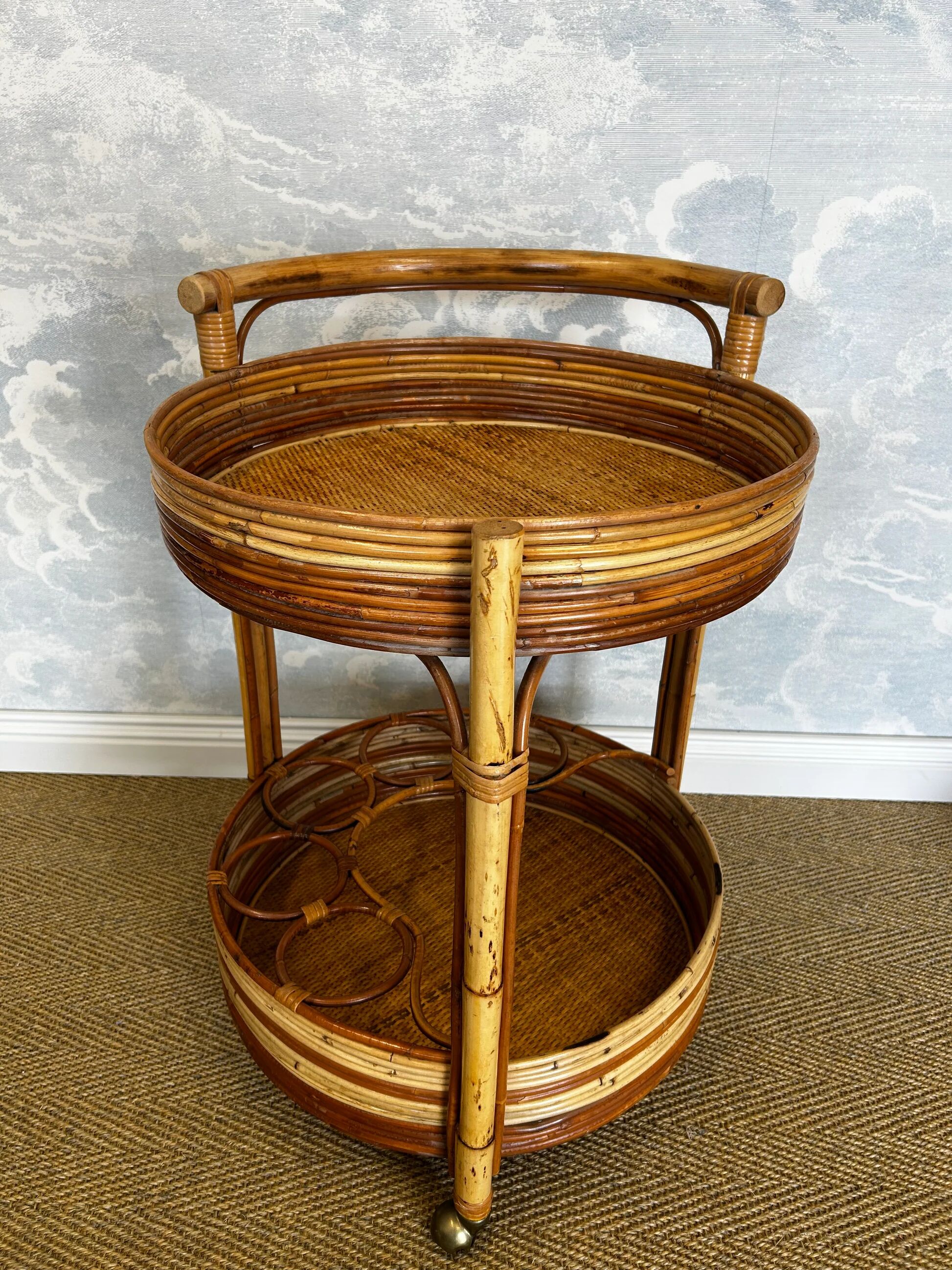 2-tiered round bamboo bar cart in the style of Vivai del Sud, Italy, 1960s