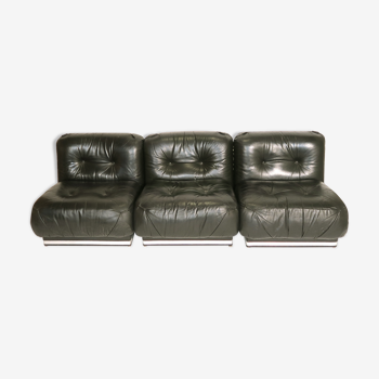 Set de 3 chauffeuses sofa cuir 1970