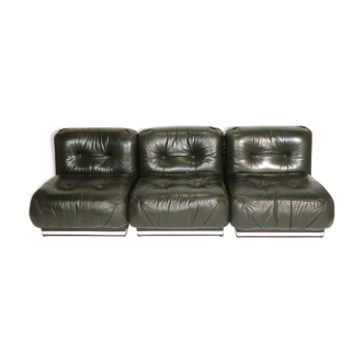 Set de 3 chauffeuses sofa cuir 1970