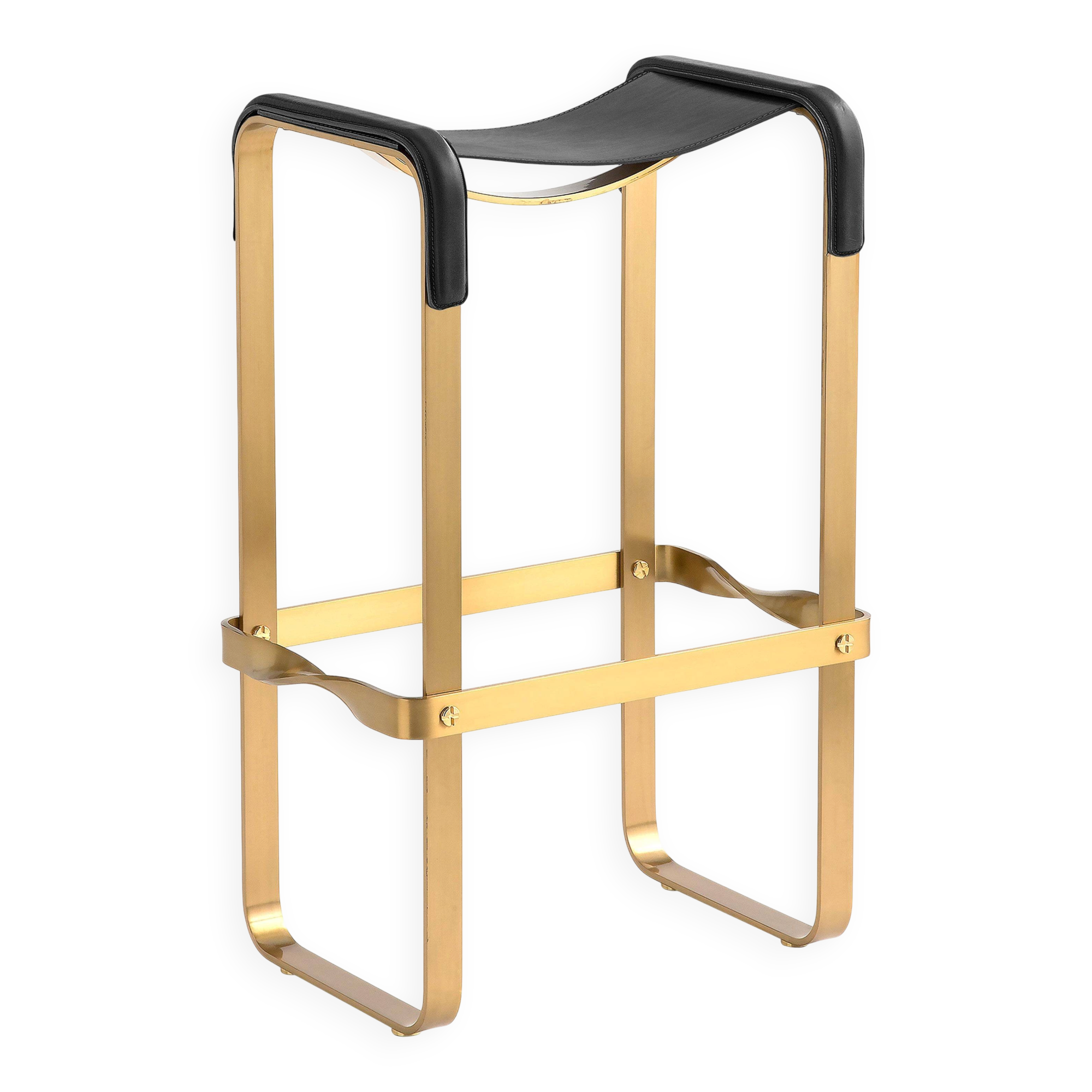 Tabouret de bar classique contemporain finition métallique en laiton vieilli et cuir noir