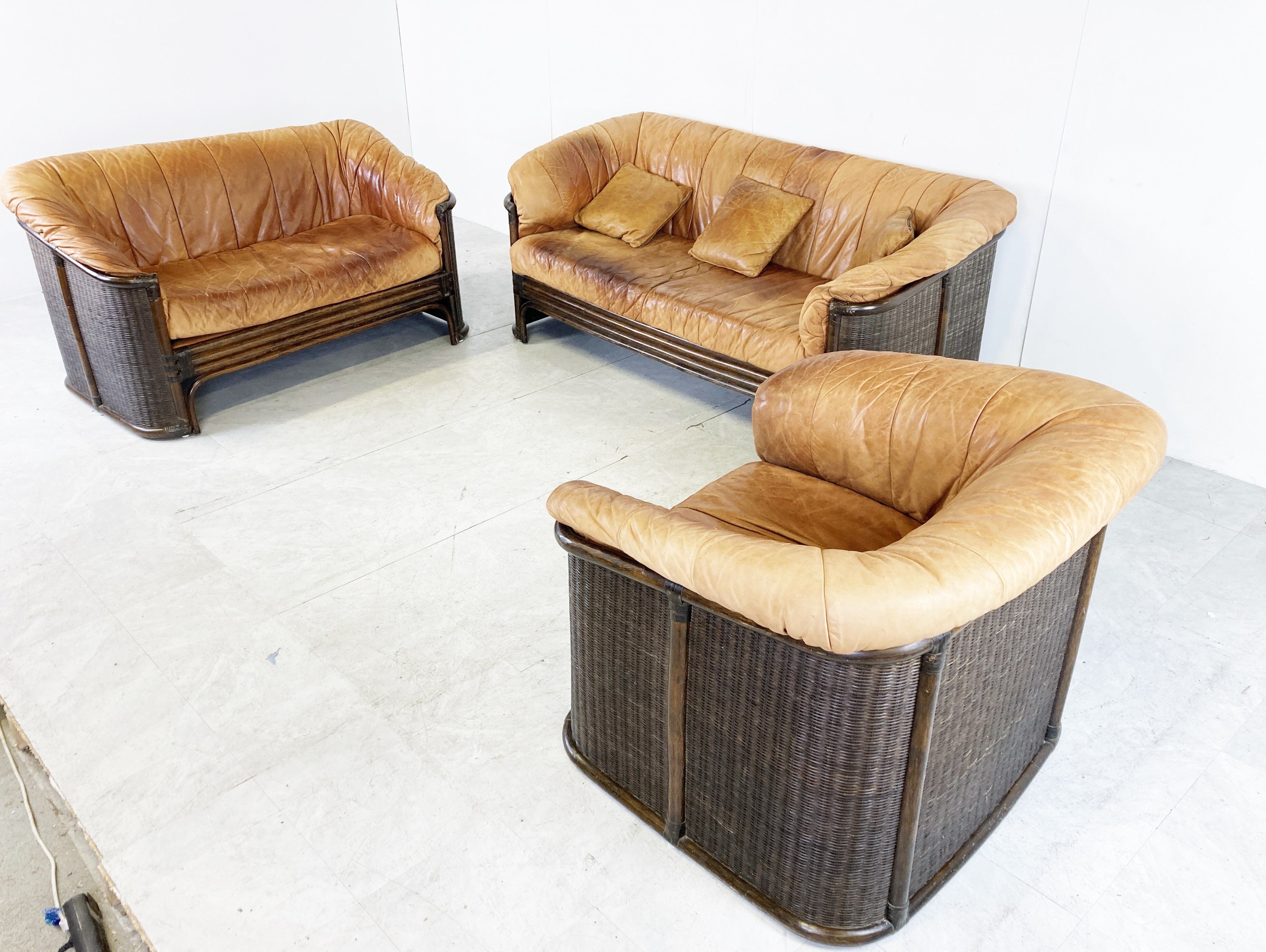 Vintage wicker and leather sofa set 1960s