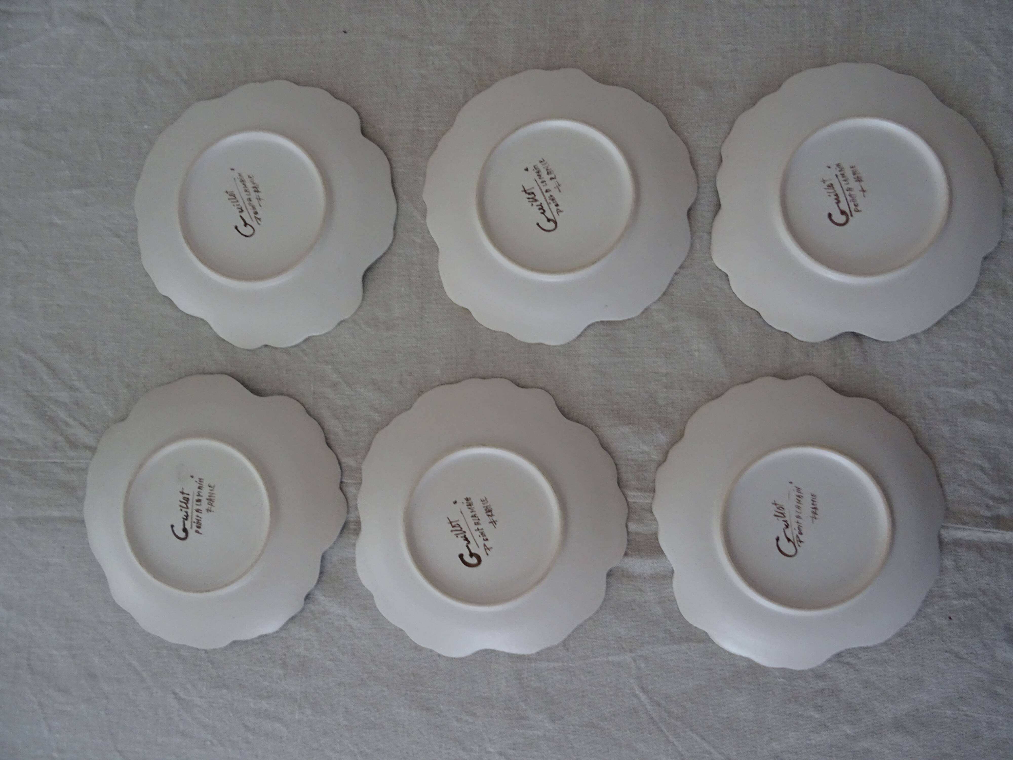Dessert service 1 main course & 6 plates shape flowers Vallauris signed Guillot