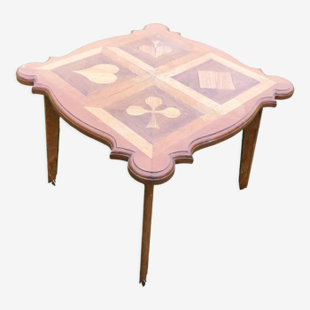 Table basse en chêne vintage 1950 motifs jeu de cartes