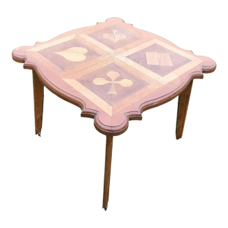 Table basse en chêne vintage 1950 motifs jeu de cartes