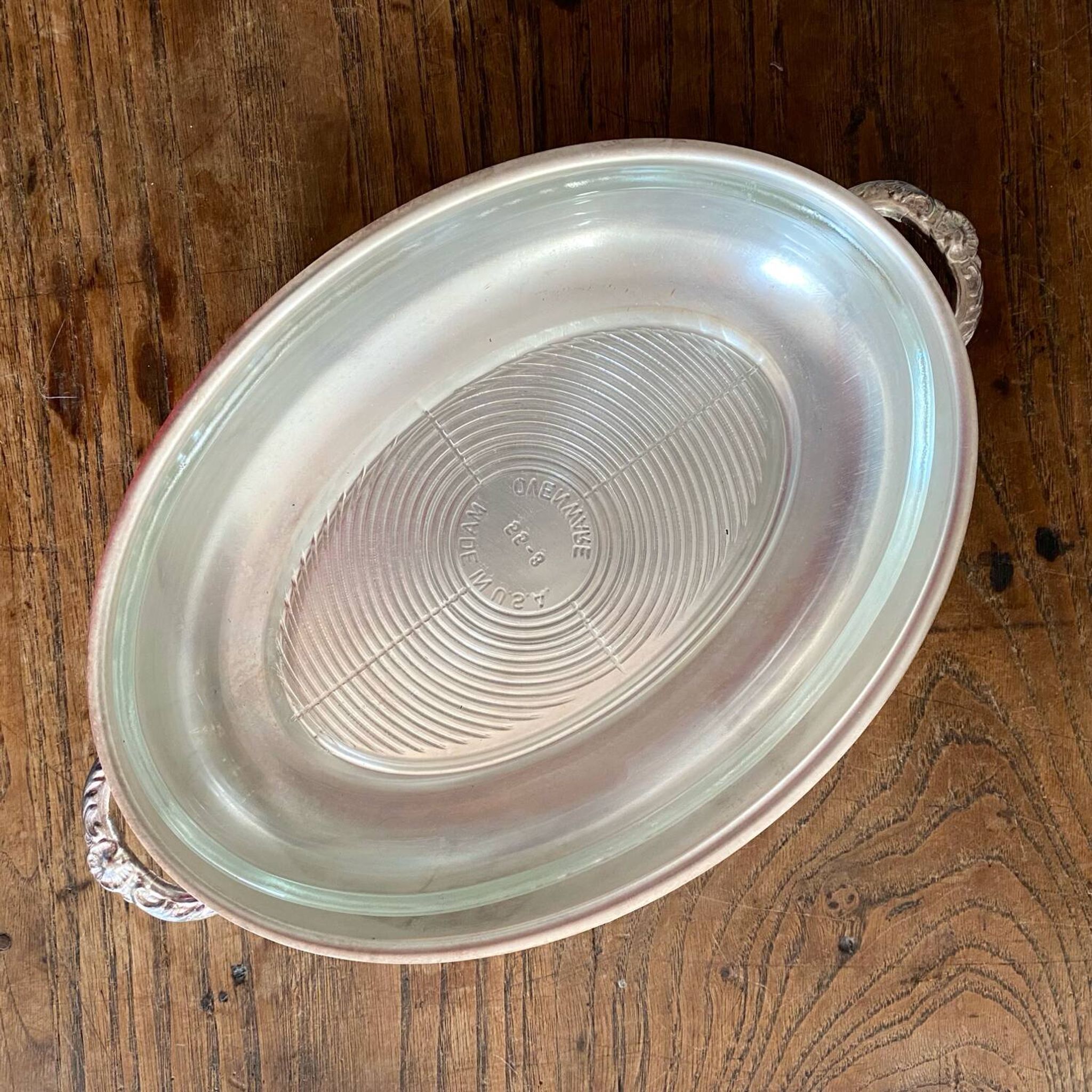 Oval silver-plated metal and glass dish