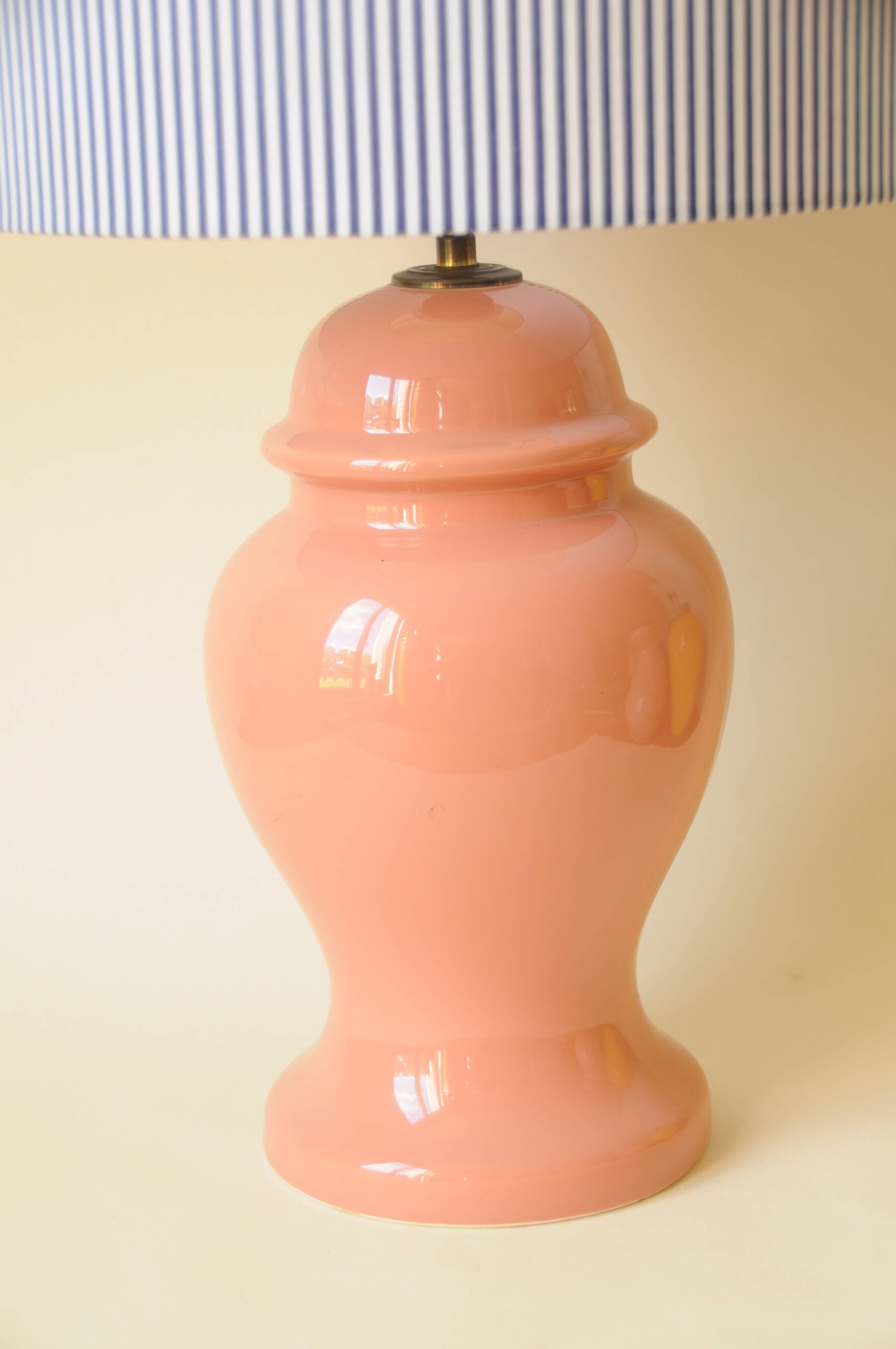 Decorative pink ceramic vase lamp - blue and white striped shade