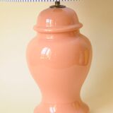 Decorative pink ceramic vase lamp - blue and white striped shade