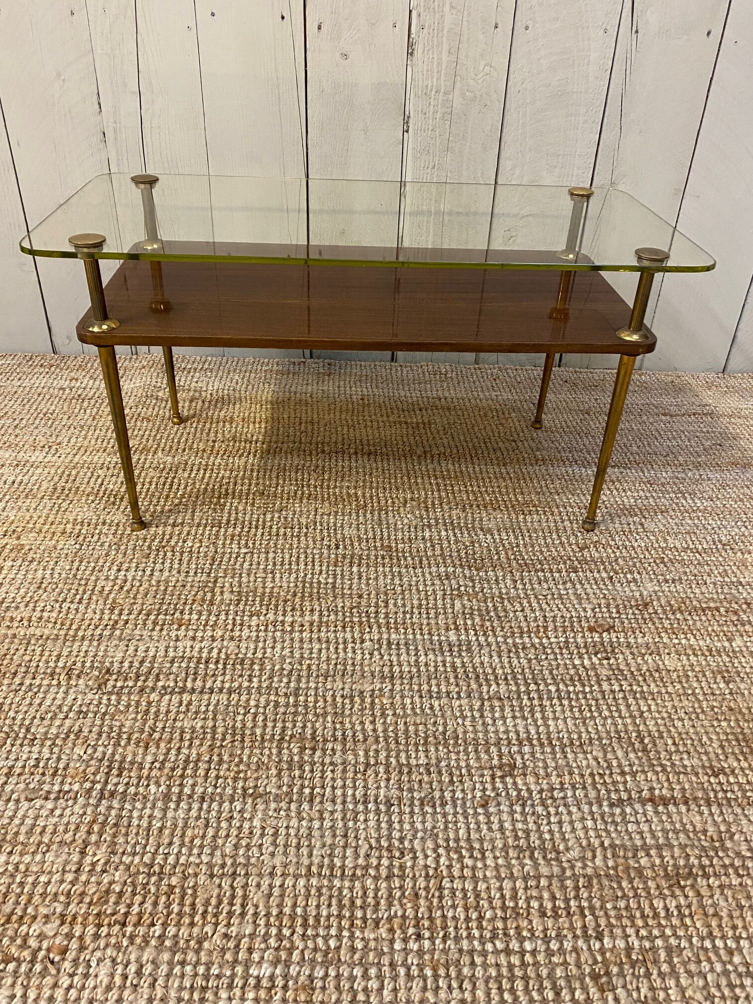 Coffee table of the 60s in glass, glass and wood top