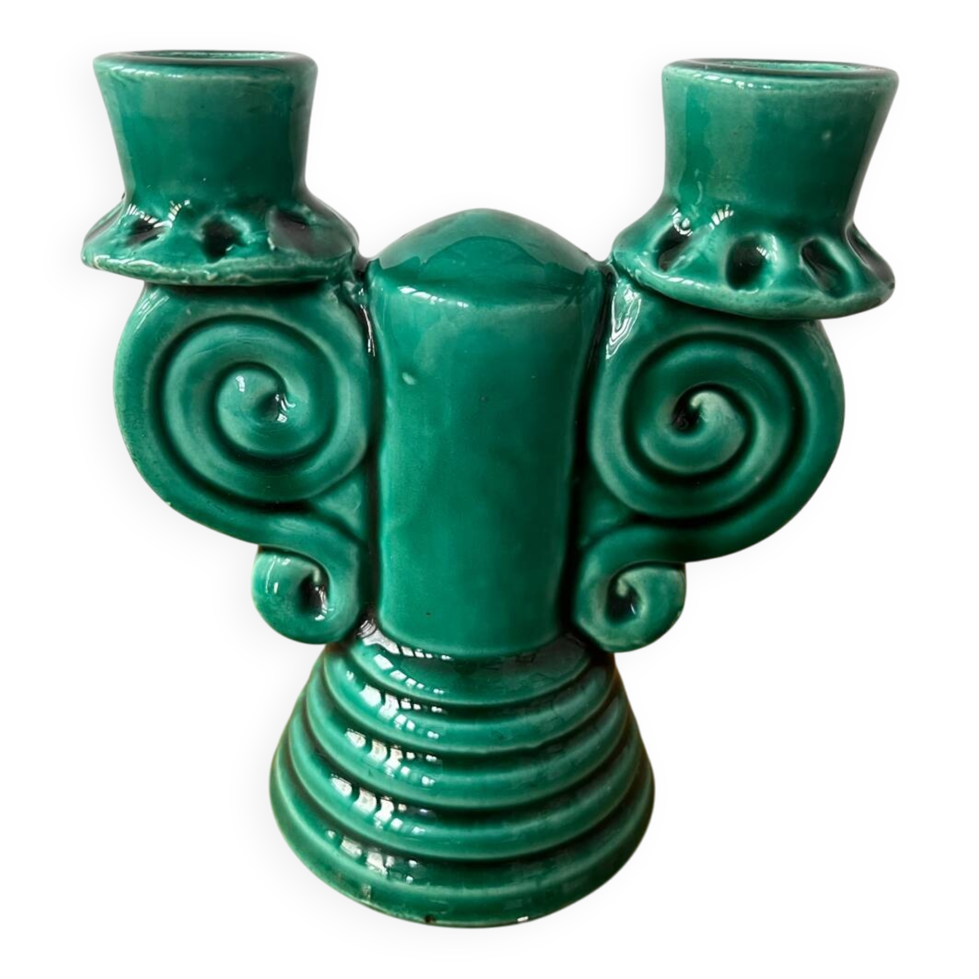 Vallauris green ceramic double candlestick
