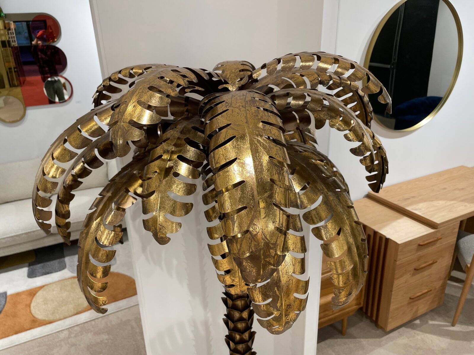 Palm Tree Floor Lamp in Gold Metal and Black Lacquered Mirror