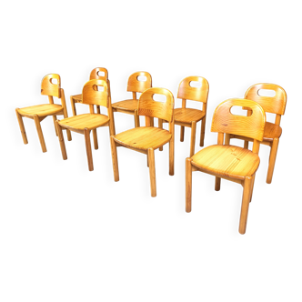 8 chaises de salle à manger en pin, années 1980