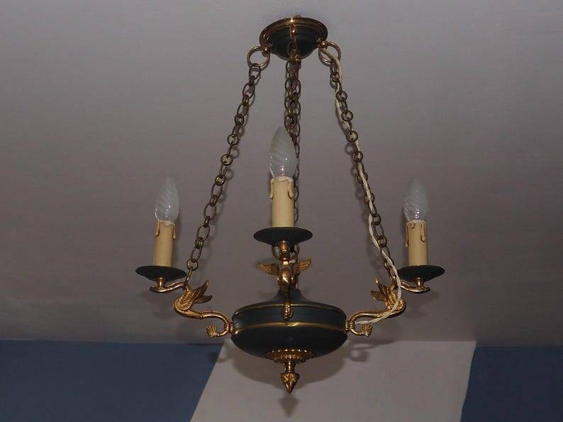 Vintage French Empire Swan Chandelier: Bronze Brass Toleware, C1950s