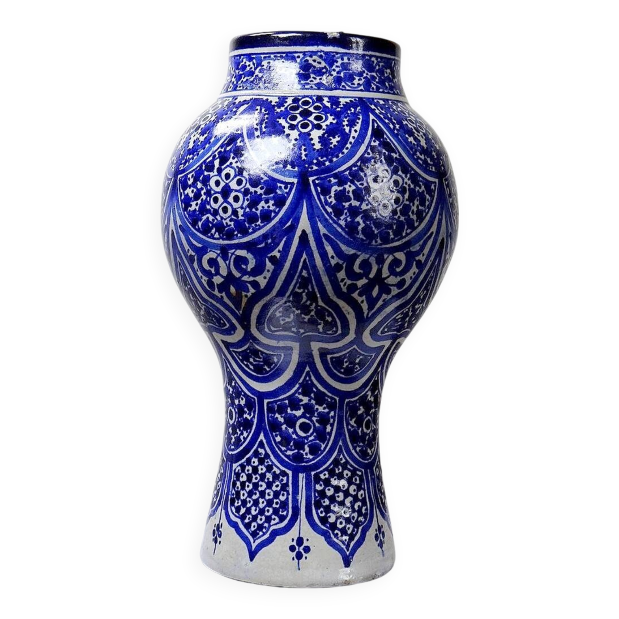 Large Moroccan vase/jar Fez handmade ceramic Khabia 19th-20th century cobalt