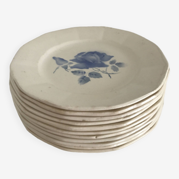 Set of 11 Digoin flat plates, blue rose patterns