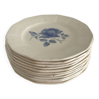 Set de 11 assiettes plates Digoin, motifs roses bleues