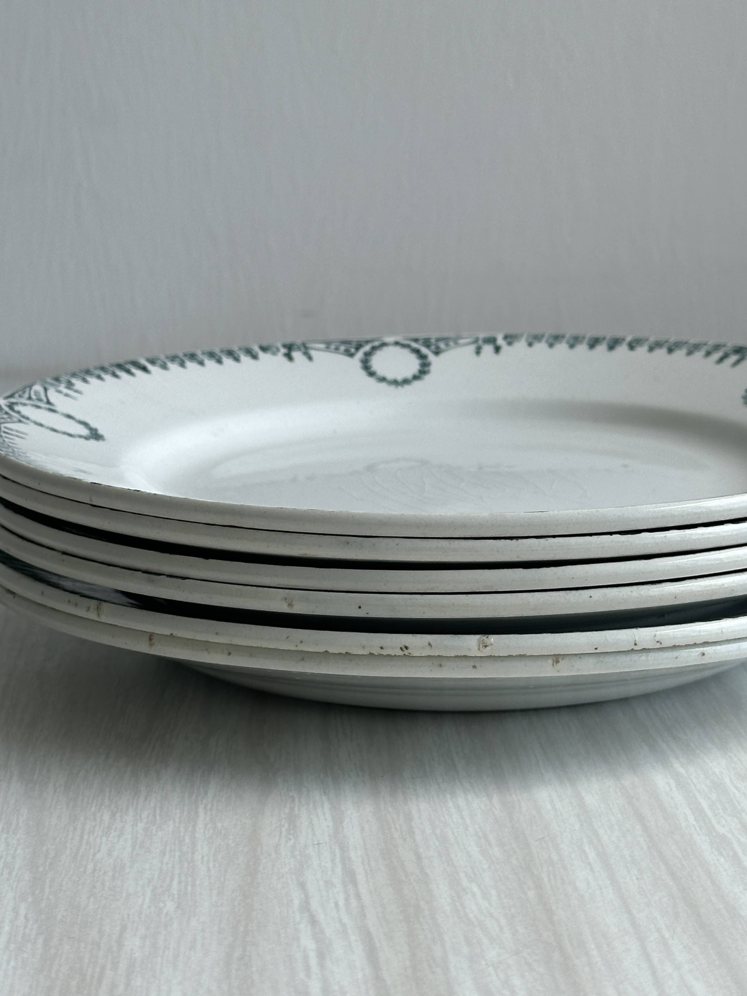 6 earthenware dinner plates, green decor, St Amand Nord iron earth.
