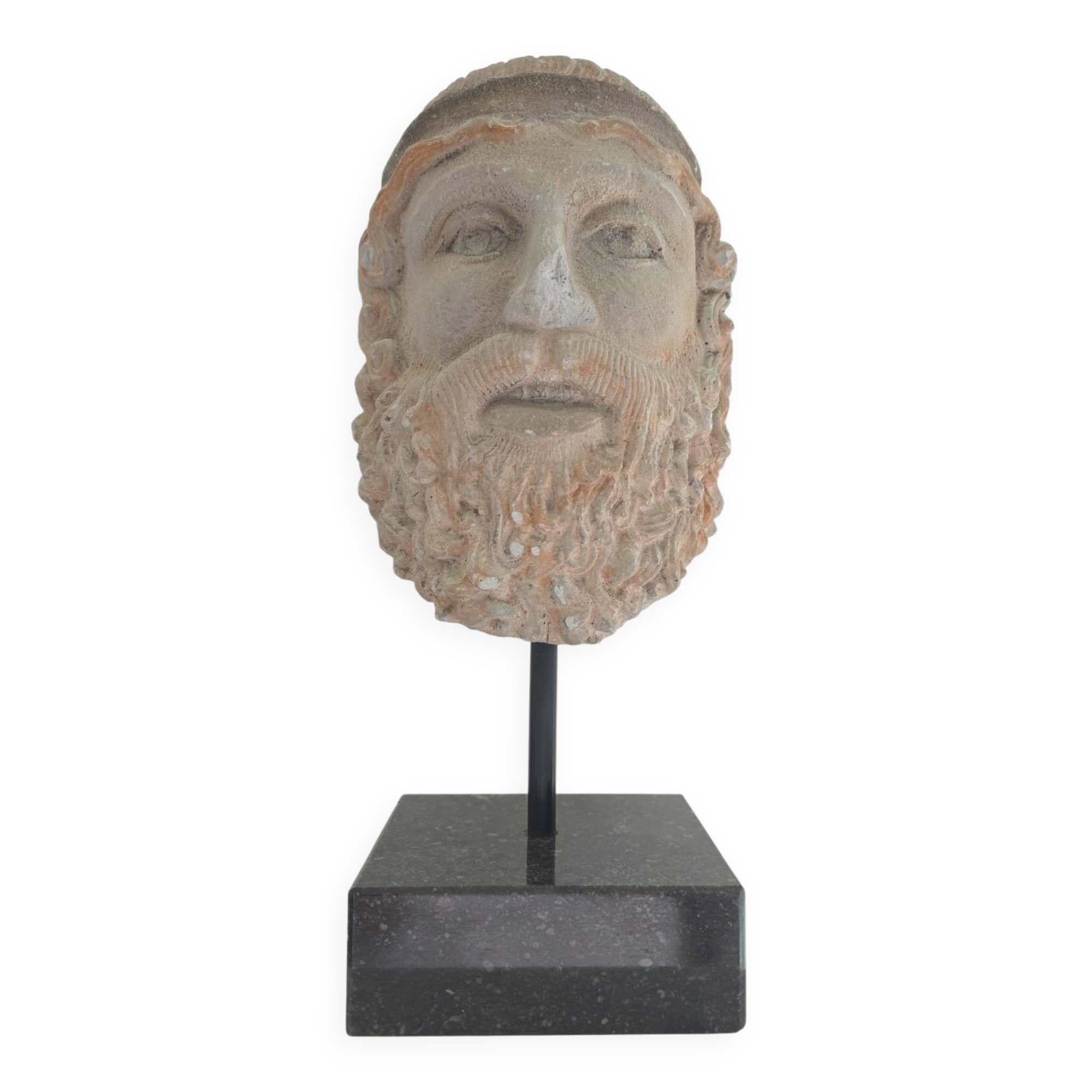 Greek god statue in stone with a marble base.