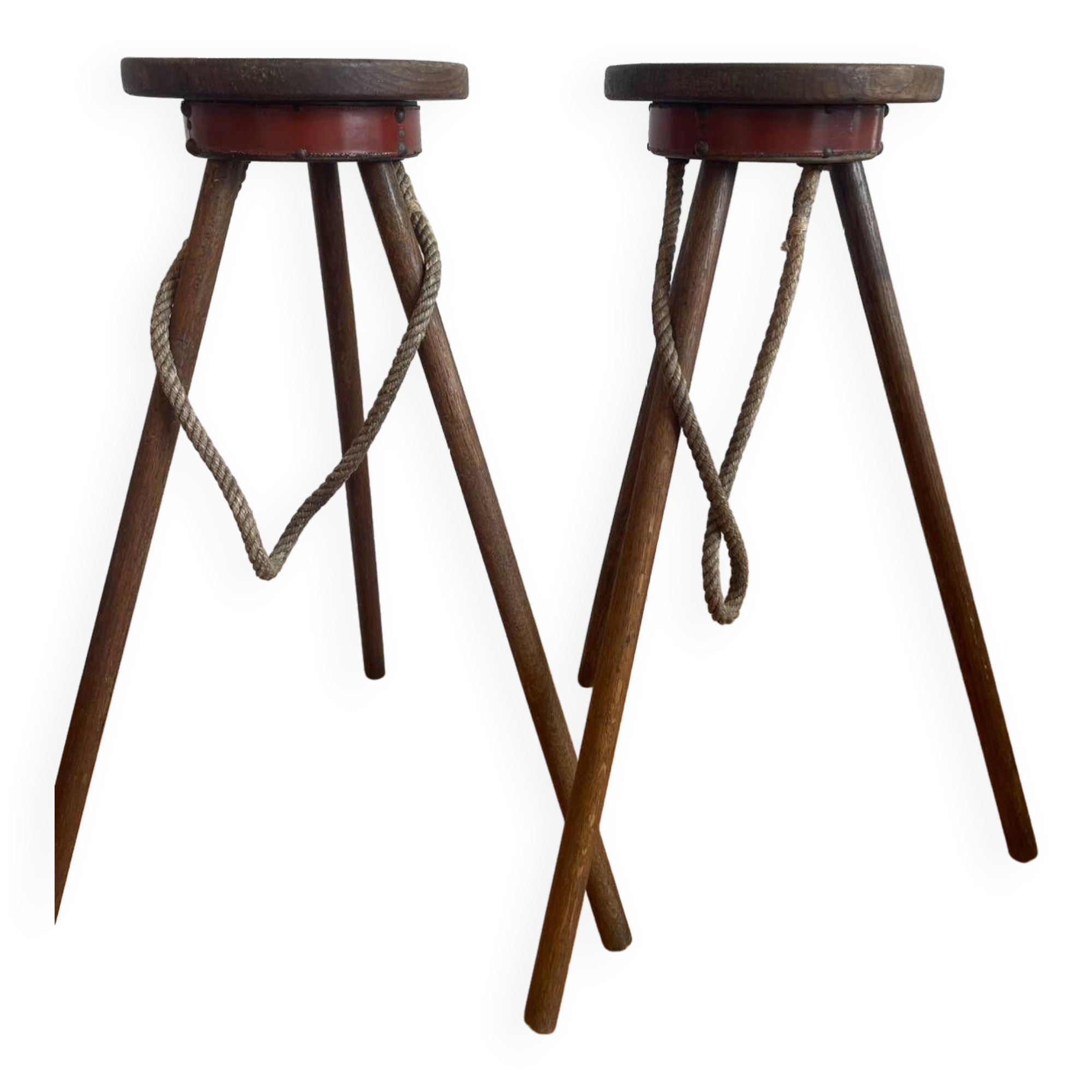 Pair of bar stools, wood and leather, circa 1950