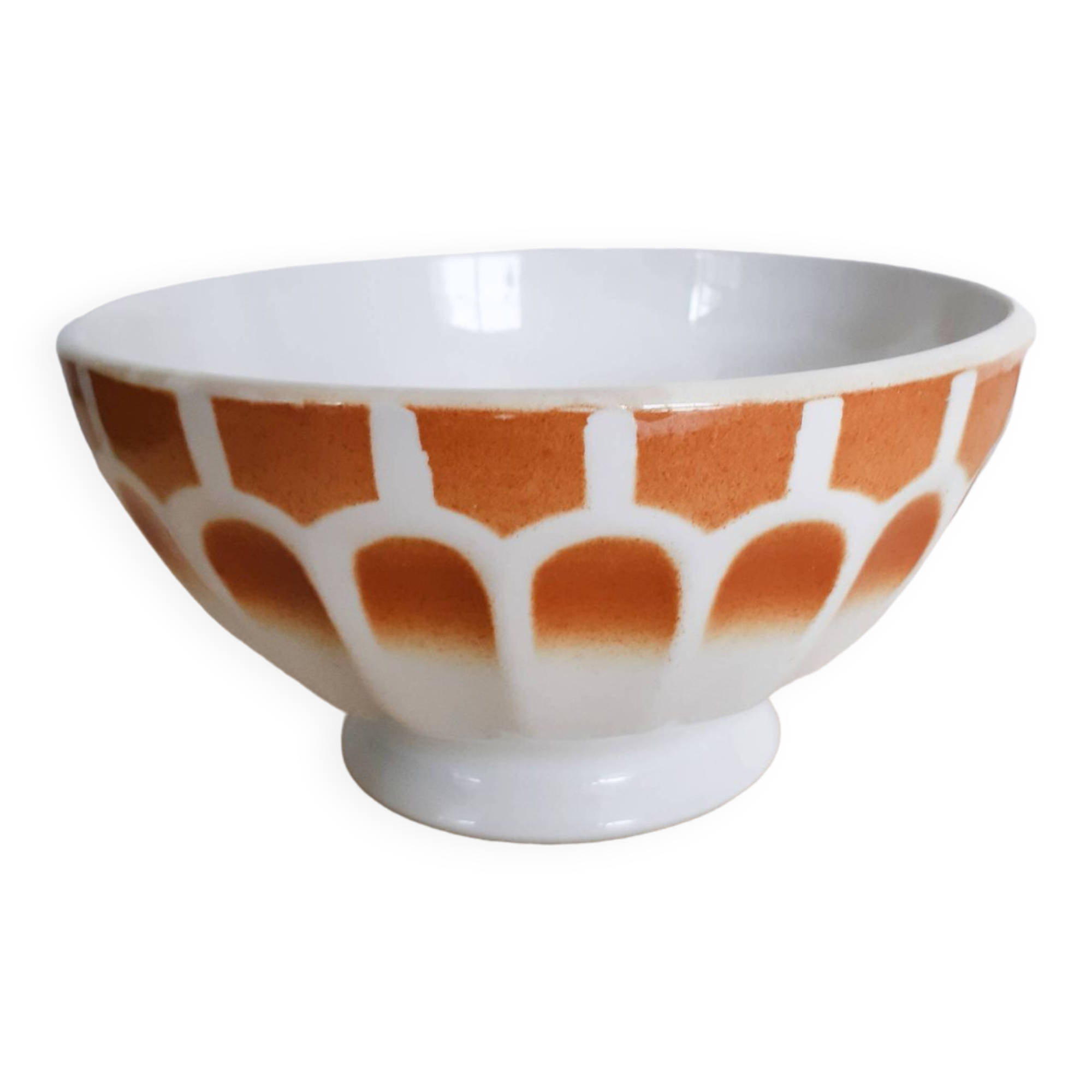 Large old bowl with piedouche in ochre yellow earthenware
