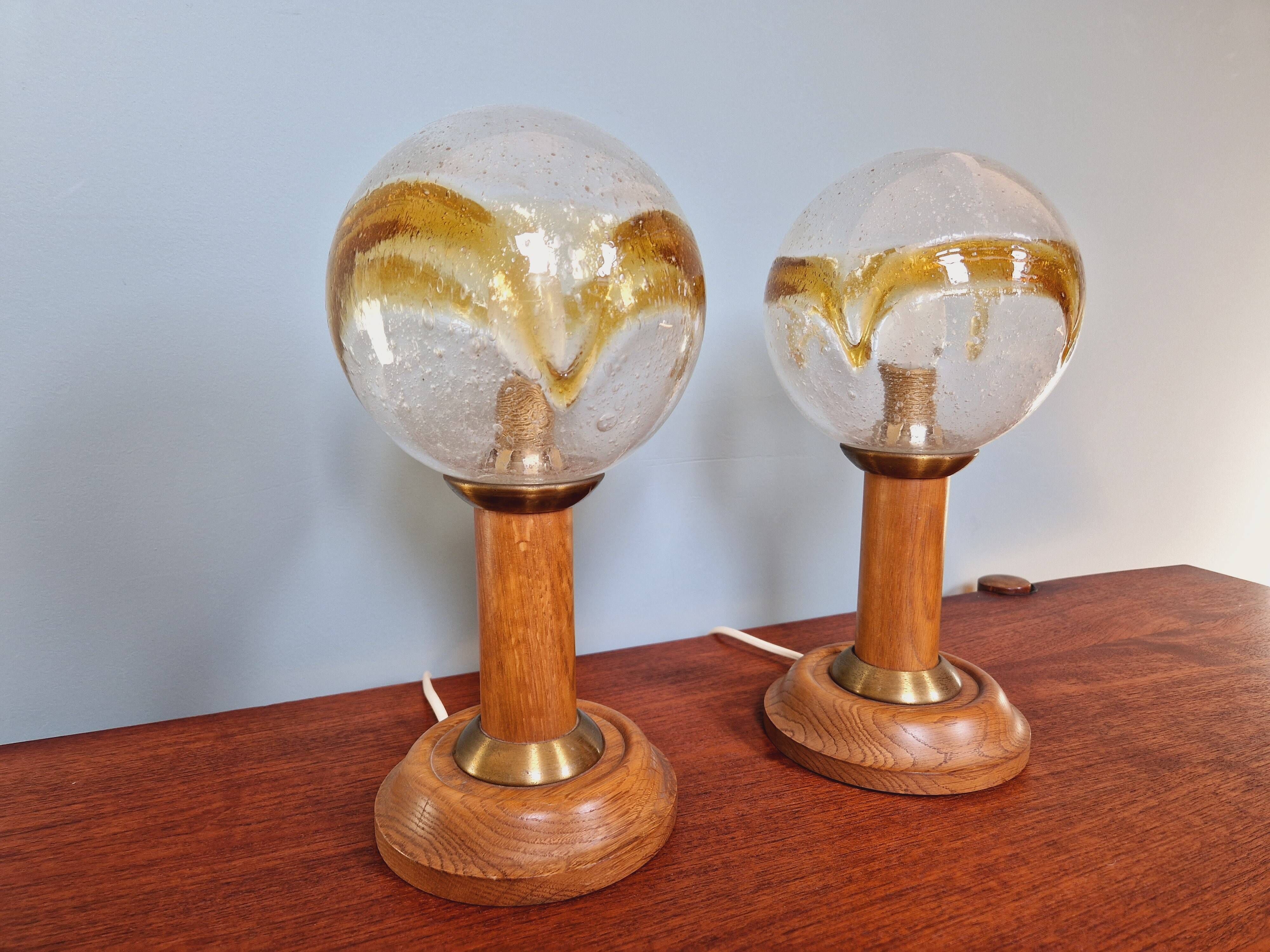 Pair of wooden and blown glass lamps, Honsel Leuchten, 1970s
